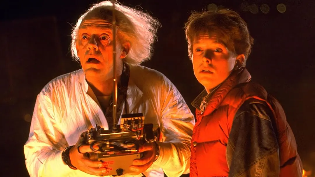 Marty McFly and Doc Brown test the DeLorean time machine.