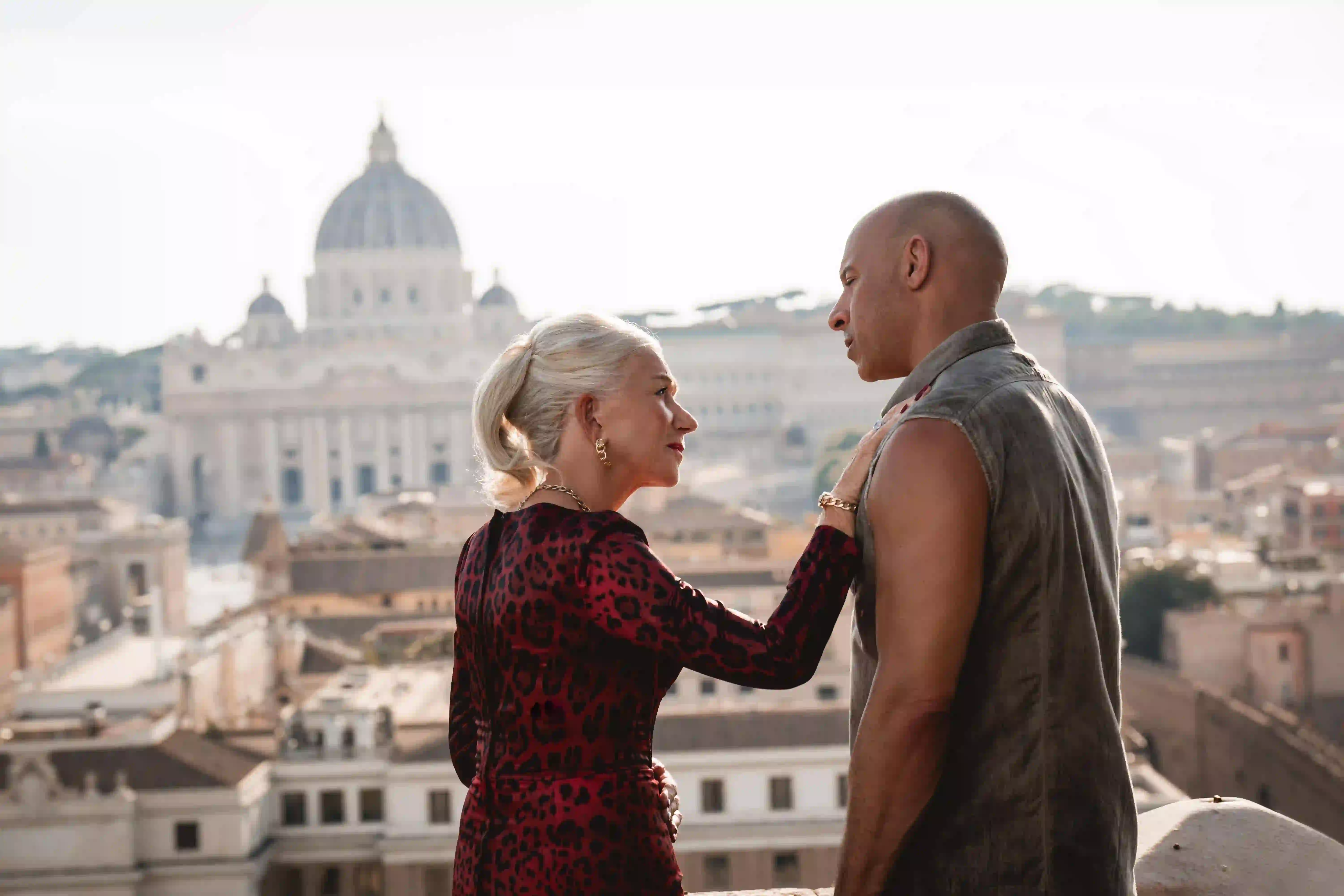 Film stars Helen Mirren and Vin Diesel talk in Rome.