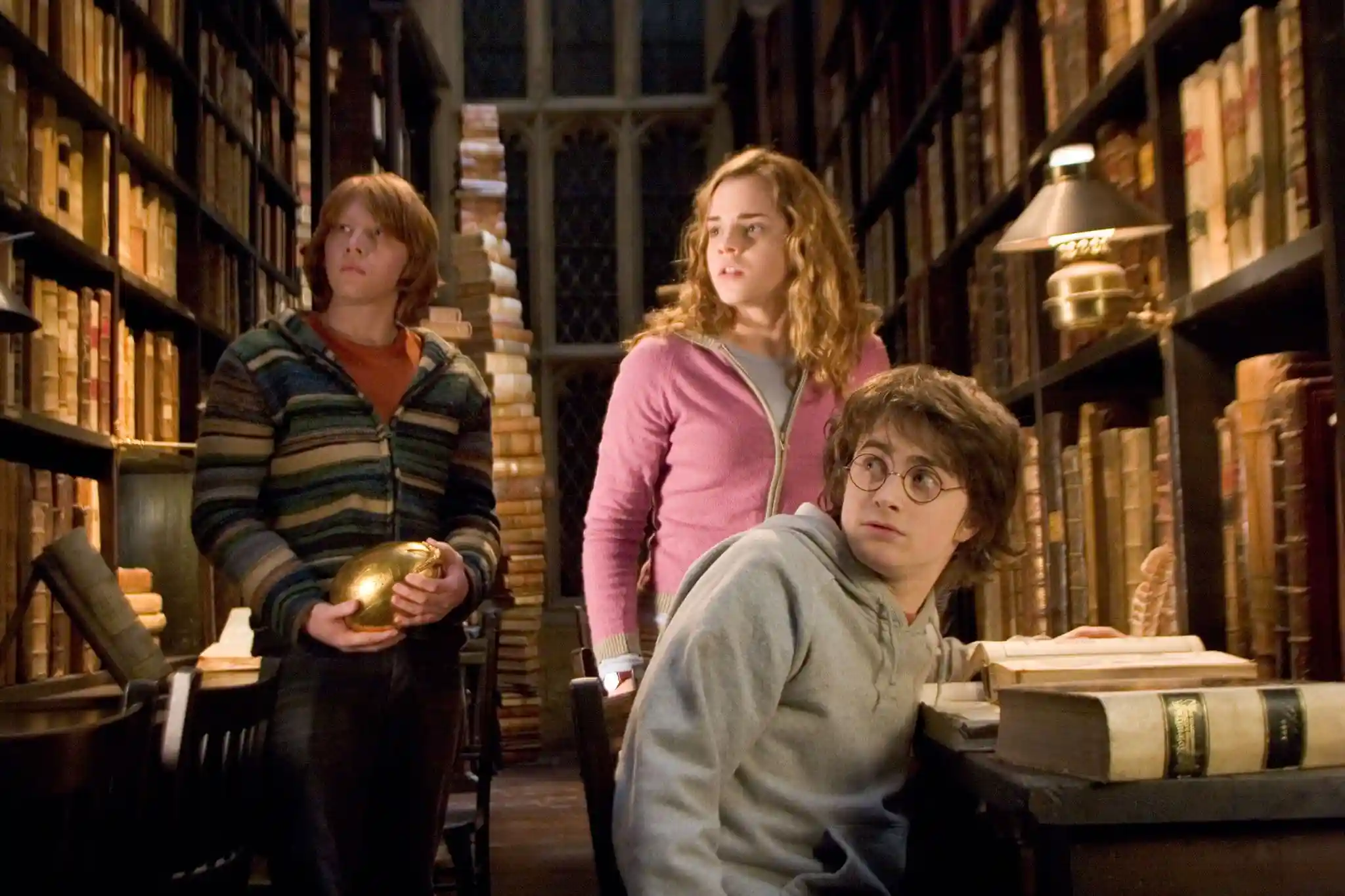 Harry, Ron, and Hermione are gathered in the Hogwarts library.