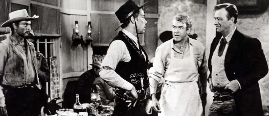 Jimmy Stewart and John Wayne take on a big-time bandit in the Wild West.