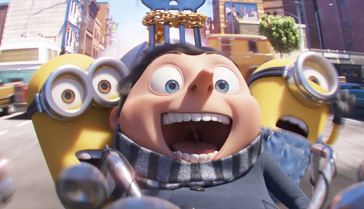 Mini-boss Gru and 2 Minions enjoy a motorcycle ride with a big boost!