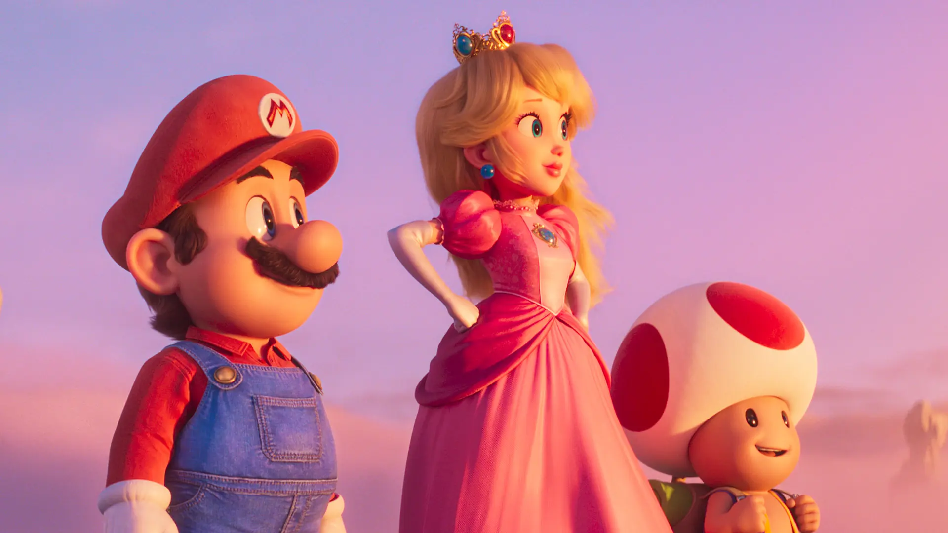 Mario, Princess Peach, and Toad enjoy the sunset.