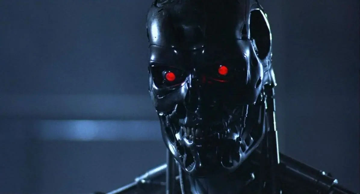 A deadly humanoid robot looks at its prey.