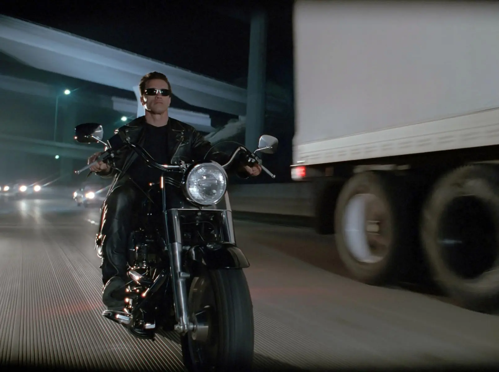 The Terminator rides its motorcycle on an LA highway.