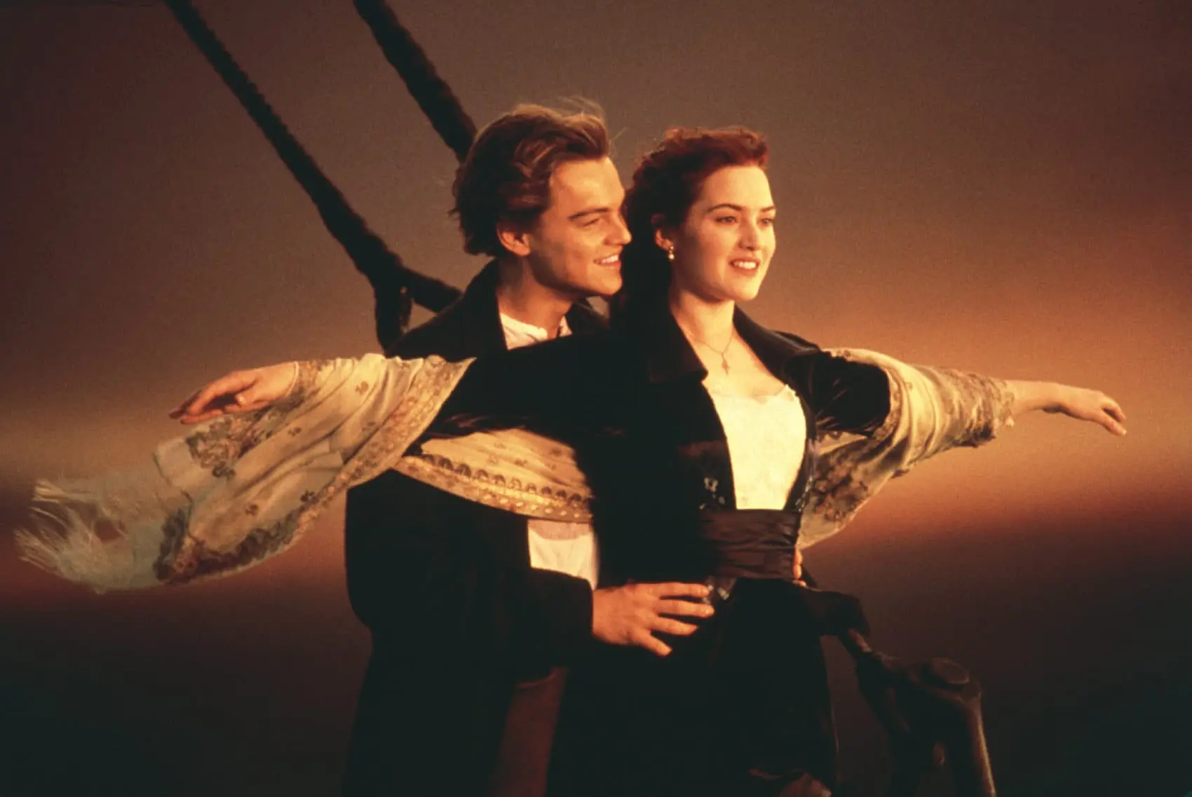 Leonardo DiCaprio and Kate Winslet play Jack and Rose standing on the bow of the ship, Titanic.