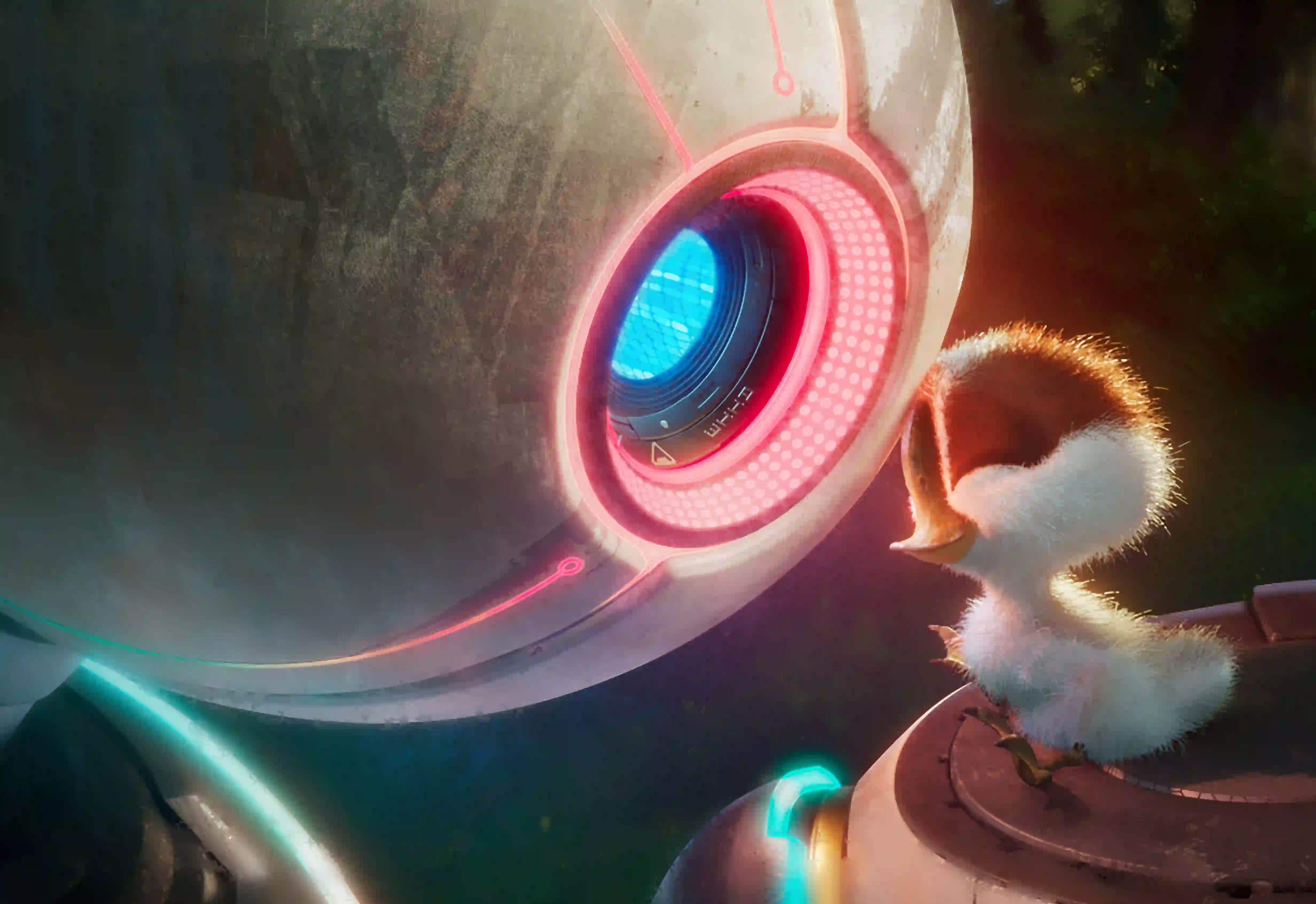 A helper robot befriends a young chick in a forest.